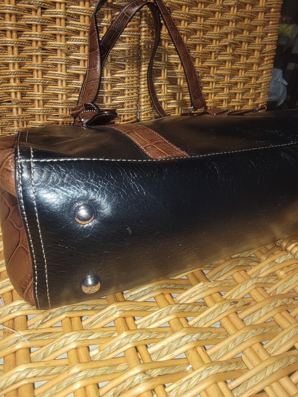 Fossil Black Brown Leather Handbag Computer Briefcase Croc Satchel W/ Key - Picture 6 of 10